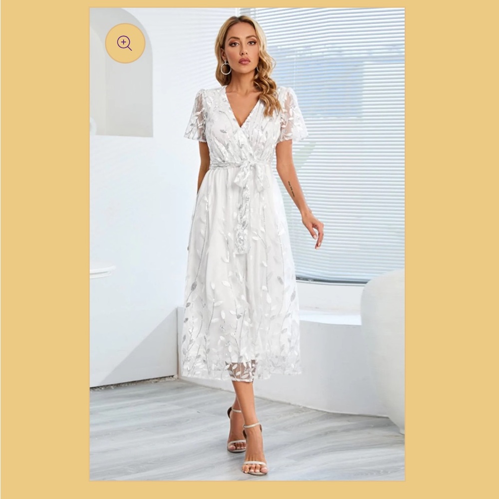 Azazie White Sequin Leaf Embroidery Midi Dress